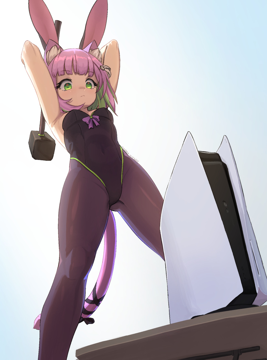 animal_ears black_leotard cat_ears cat_tail female game_console green_eyes grey_hair hammer highres indie_virtual_youtuber leotard multicolored_hair pantyhose pink_hair playboy_bunny playstation_5 rabbit_ears short_hair shwaa solo strapless strapless_leotard suweeka tail two-tone_hair virtual_youtuber