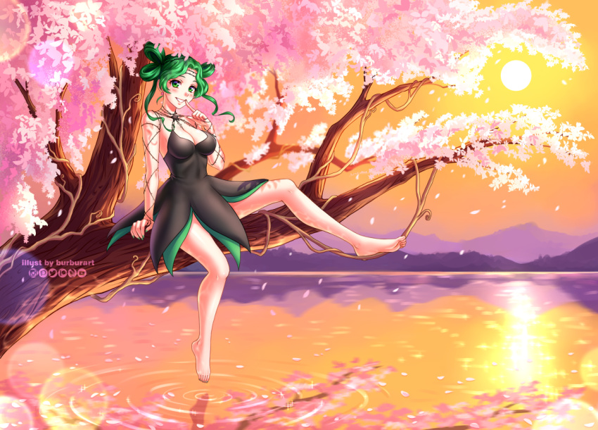 artist_name bare_legs bare_shoulders barefoot bishoujo_senshi_sailor_moon bishoujo_senshi_sailor_moon_crystal bishoujo_senshi_sailor_moon_s black_dress black_skirt blush breasts burbur cherry_blossoms cleavage colorful commentary curly_hair dark_green_hair dress english_commentary evening feet female finger_to_mouth fingernails full_body green_eyes green_hair green_nails hand_up index_finger_raised looking_at_viewer mountain open_mouth orange_sky parted_lips ripples river scenery short_dress short_hair sitting skirt sky sleeveless sleeveless_dress smile solo star_(symbol) sunset teeth tellu_(sailor_moon) tree water watermark witches_5