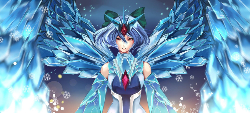 anivia anivia_(cosplay) bare_shoulders blue_background blue_hair cirno cosplay female gem hair_ornament hair_ribbon hannah_santos highres ice ice_wings league_of_legends looking_at_viewer red_eyes ribbon snowflakes solo touhou upper_body wings