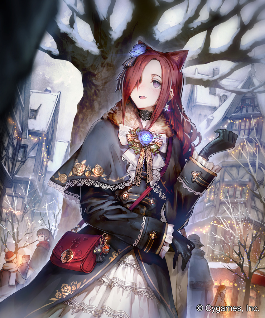 :d bag bare_tree black_coat black_gloves black_hat brown_hair building capelet ceres_(shingeki_no_bahamut) christmas_lights closed_mouth company_name day drill_hair dutch_angle earrings female floral_print flower frilled_sleeves frills glint gloves hair_flower hair_ornament hair_over_one_eye handbag hat high_ponytail highres holding_hands jewelry lace_choker long_hair long_sleeves official_art okada_manabi open_mouth outdoors ponytail profile purple_eyes purple_rose red_scarf rose scarf shingeki_no_bahamut short_hair skirt smile snow solo_focus standing tree very_long_hair watermark white_scarf white_skirt