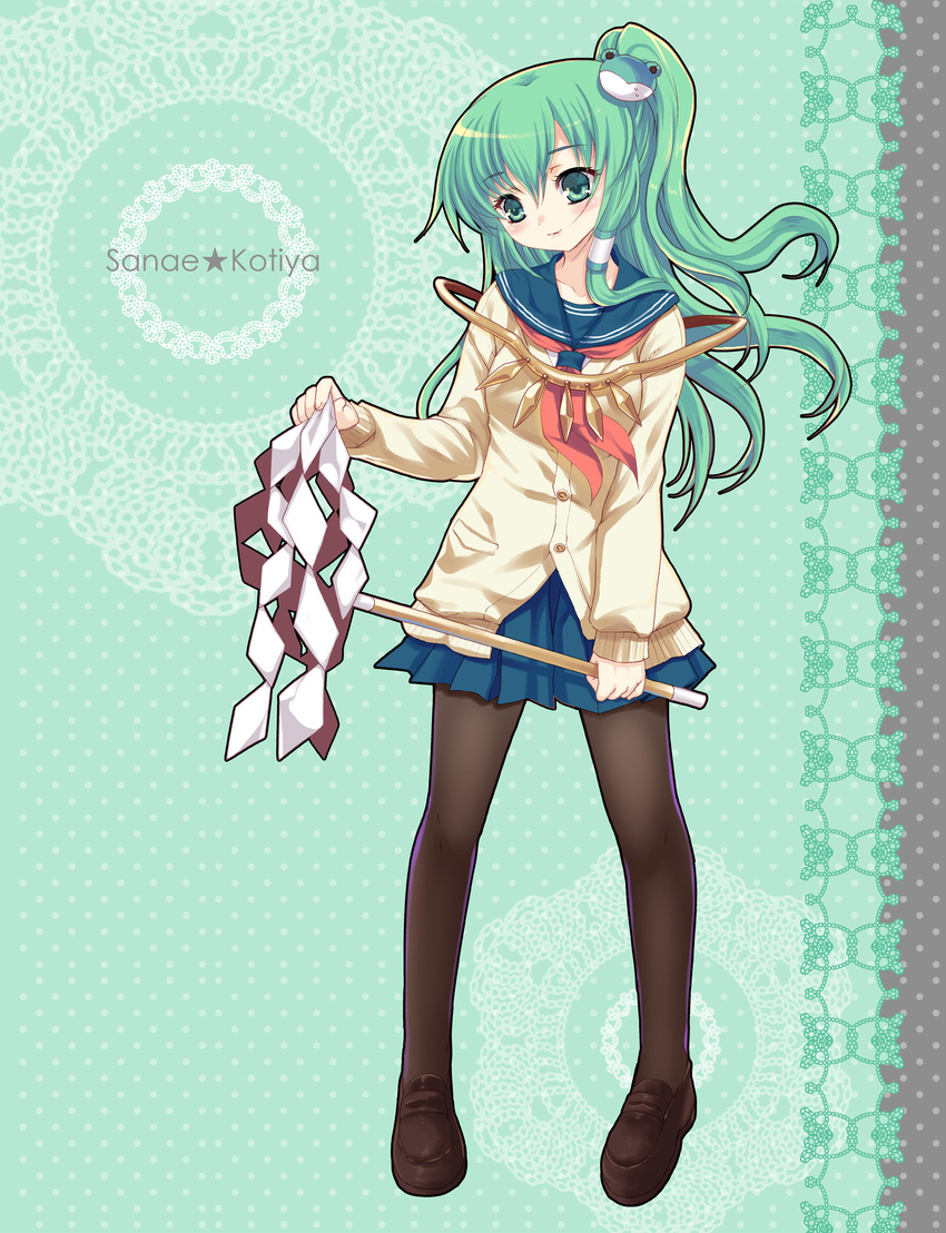 absurdres alternate_costume alternate_hairstyle bad_id bad_pixiv_id black_pantyhose cardigan character_name female frog gohei green_eyes green_hair highres kochiya_sanae kumao_mofumofu loafers long_hair one_side_up pantyhose photoshop_(medium) school_uniform shoes solo standing touhou