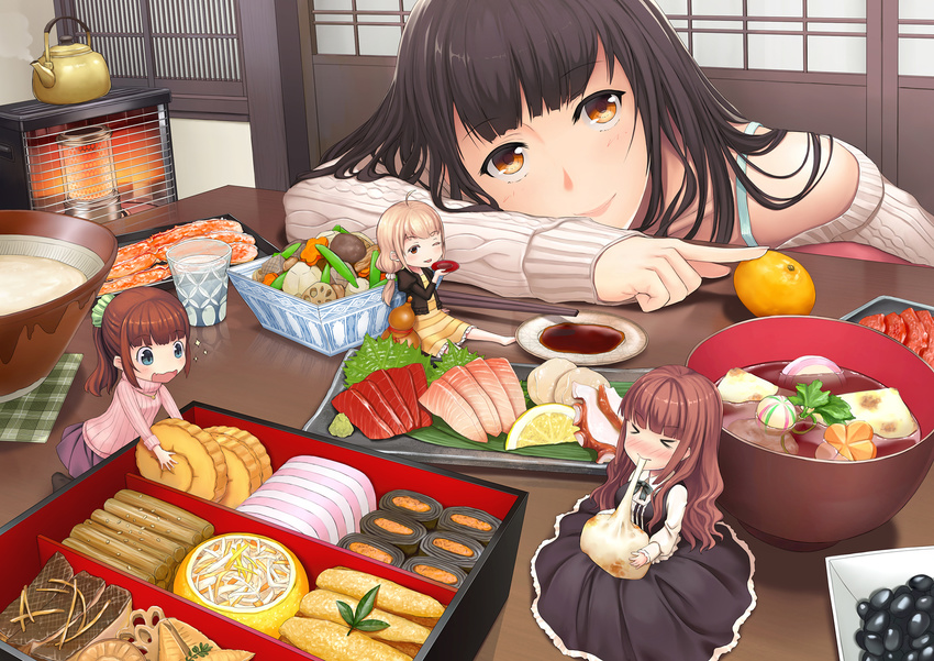 >_< 4girls :d ahoge aran_sweater bamboo_shoot barefoot beans black_dress black_hair black_shirt blonde_hair blouse blunt_bangs blush bow bowl bra_strap brown_eyes brown_hair cable_knit carrot chopsticks closed_eyes commentary_request crab cup datemaki_(food) dress drinking drinking_glass eating fish_(food) flying_sweatdrops food food_focus food_request fruit gourd gown hair_ornament hair_scrunchie head_down heater highres in_food inarizushi indoors jewelry juliet_sleeves kamaboko kerosene_heater kettle kneeling konnyaku_(food) lemon lemon_slice long_hair long_sleeves looking_at_viewer lotus_root mamezara mandarin_orange mini_person minigirl mochi mochi_trail multiple_girls necklace new_year nose_blush octopus off_shoulder omelet on_table one_eye_closed open_mouth orange_(fruit) original osechi photoshop_(medium) plate ponytail puffy_sleeves red_eyes ribbed_sweater sakazuki salmon sashimi scallop scrunchie shirt sidelocks sitting size_difference skirt smile soup soy_sauce soybean stove striped_clothes striped_dress sushi sweater table tamagoyaki tuna turtleneck wasabi water wavy_mouth yellow_dress yumemizuki zouni_soup