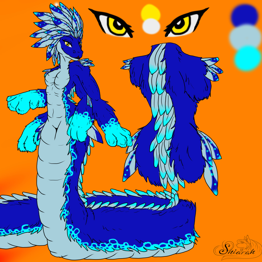 1:1 4_arms anthro apode blue_body blue_fur breasts digital_media_(artwork) draconcopode feathered_scalie feathered_snake feathers female flat_colors fur fuzzy grey_body grey_scales headdress hi_res legless model_sheet multi_arm multi_limb naga non-mammal_breasts orange_background paws reptile scales scalie serpentine shiarah simple_background snake solo spots wide_hips