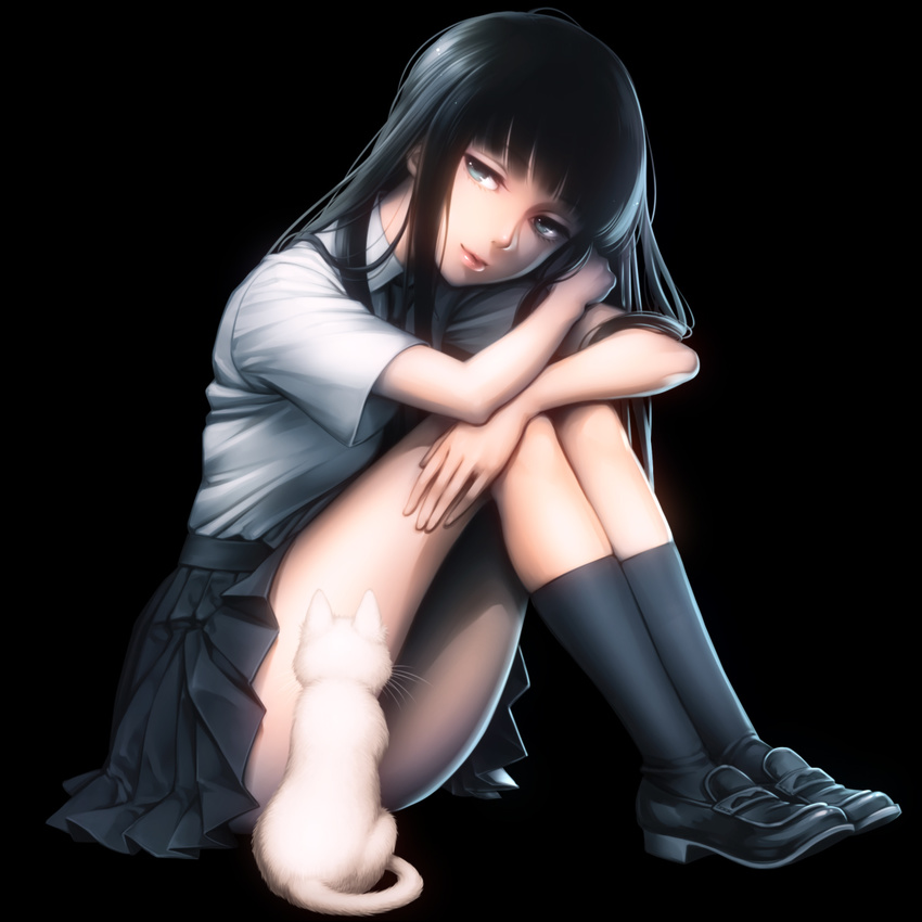 black_background black_eyes black_footwear black_hair black_socks blunt_bangs commentary_request feline female highres hugging_own_legs kayu knee_to_chest kneehighs lips long_hair original pleated_skirt school_uniform shoes simple_background skirt smile socks solo white_cat