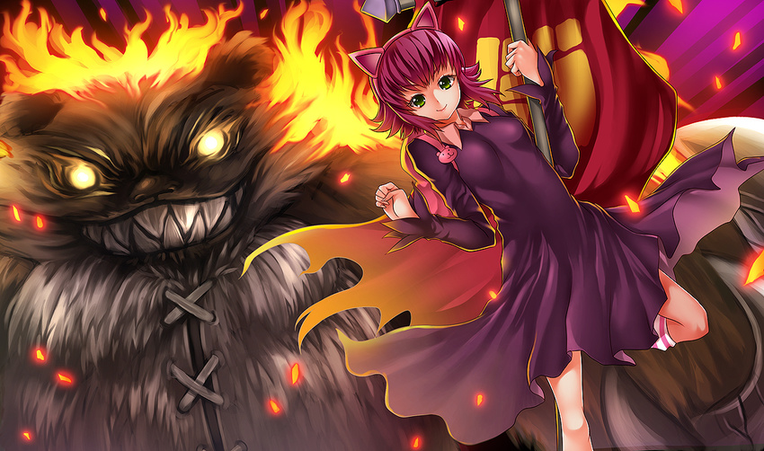 animal_ears annie_(league_of_legends) backpack bag bear breasts dress english_commentary fake_animal_ears female fire green_eyes league_of_legends medium_breasts photoshop_(medium) pink_hair short_hair smile teeth tibbers un4lord