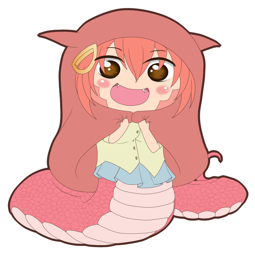 :d animal_hood blush_stickers brown_eyes chibi fangs female full_body hair_ornament hairclip highres himouto!_umaru-chan hood komaru lamia miia_(monster_musume) monster_girl monster_musume_no_iru_nichijou open_mouth parody red_hair scales simple_background smile solo staticwave style_parody transparent_background