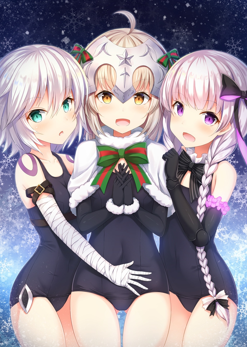 3girls ahoge ass_visible_through_thighs bandages black_gloves bow braid commentary_request covered_navel cowboy_shot doll_joints elbow_gloves fate/grand_order fate_(series) fur_trim girl_sandwich gloves green_ribbons hairbow headpiece highres jack_the_ripper_(fate/apocrypha) jack_the_ripper_(summer_little)_(fate) jeanne_d'arc_alter_santa_lily_(fate) jeanne_d'arc_alter_santa_lily_(summer_little)_(fate) joints long_hair looking_at_viewer low_twintails multiple_girls nursery_rhyme_(fate) nursery_rhyme_(summer_little)_(fate) one-piece_swimsuit open_mouth ribbon sandwiched school_swimsuit short_hair smile striped striped_ribbon sunsuke swimsuit twin_braids twintails white_hair yellow_eyes