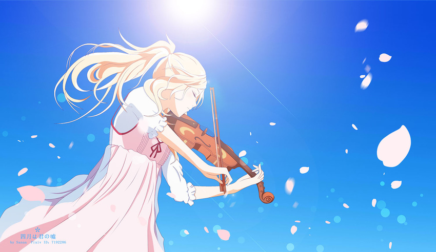 blonde_hair bow_(music) closed_eyes commentary_request female instrument miyazono_kawori petals photoshop_(medium) ponytail sanaa shigatsu_wa_kimi_no_uso solo sun violin watermark