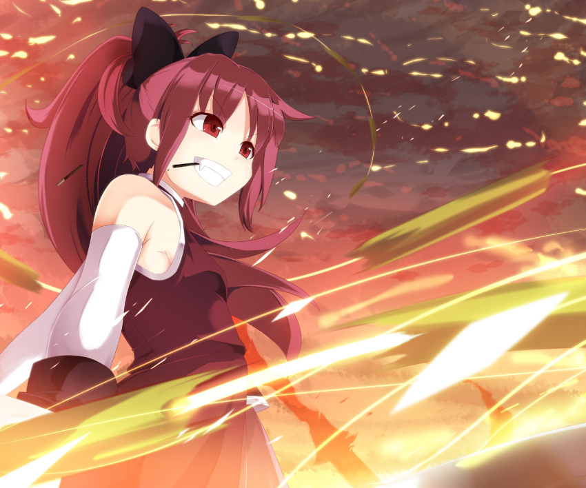 bow commentary_request female fire food hairbow highres long_hair magical_girl mahou_shoujo_madoka_magica mahou_shoujo_madoka_magica_(anime) meracle mouth_hold oerba_yun_fang photoshop_(medium) pocky ponytail red_eyes red_hair sakura_kyoko sakura_kyoko_(magical_girl) solo weapon