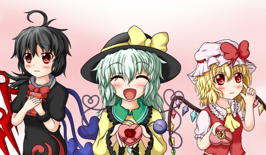 3girls ahoge aqua_hair ascot asymmetrical_wings bad_id bad_pixiv_id black_hair blonde_hair blush_stickers bow buttons closed_eyes crystal dress finger_to_face flandre_scarlet flower frills gift giving hand_on_own_face hands_on_own_chest hat hat_bow heart heart_of_string holding houjuu_nue komeiji_koishi long_sleeves looking_away multiple_girls open_mouth pink_background red_eyes ribbon rose shirt short_hair short_sleeves sills simple_background third_eye touhou vest wide_sleeves wings wristband