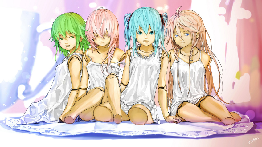 4girls ahoge amputee aqua_eyes aqua_hair blue_eyes braid commentary_request doll doll_joints green_eyes green_hair gumi hatsune_miku highres ia_(vocaloid) joints long_hair looking_at_viewer loundraw megurine_luka multiple_girls open_mouth pink_eyes pink_hair sitting skirt smile twin_braids twintails vocaloid white_skirt