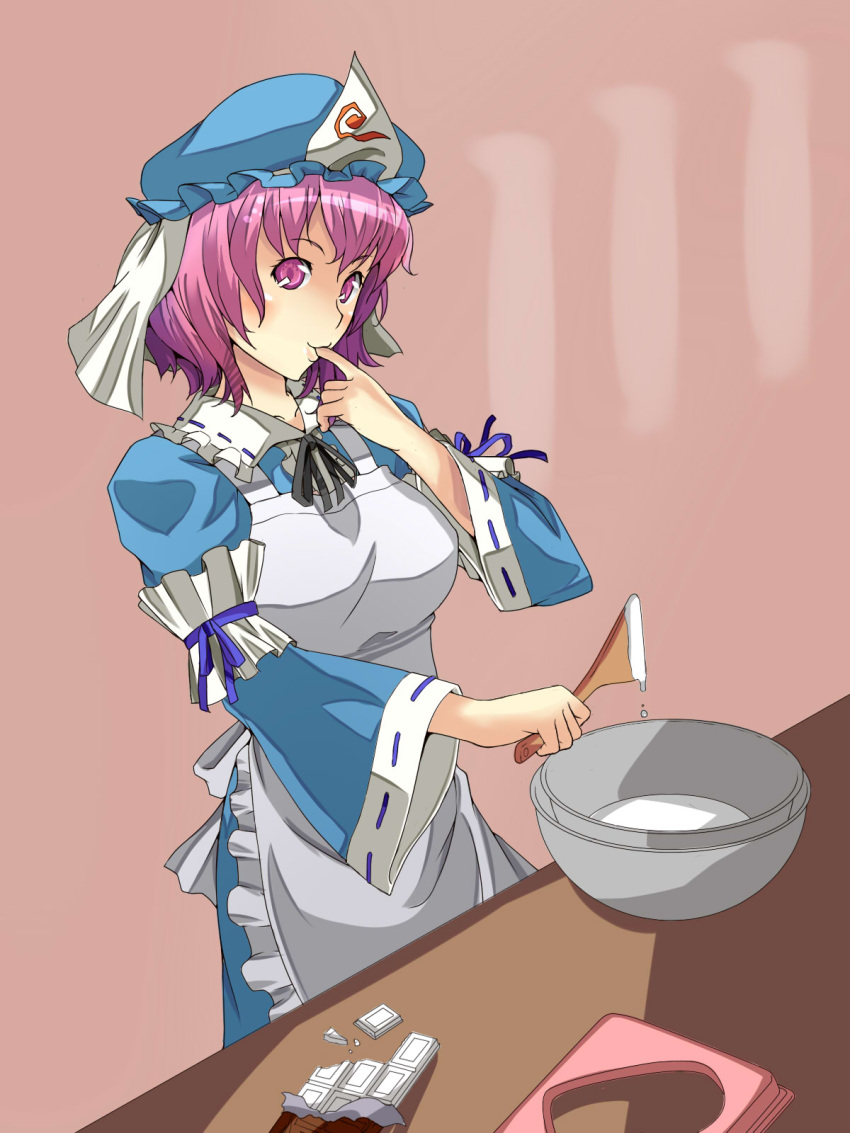 apron breasts candy chocolate chocolate_bar chocolate_making commentary_request cup female finger_in_own_mouth food hat highres japanese_clothes large_breasts pink_eyes pink_hair saigyouji_yuyuko short_hair solo spatula touhou triangular_headpiece white_chocolate yet_you