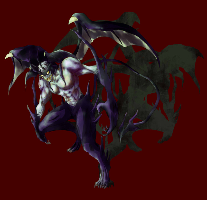 claws demon demon_tail demon_wings devilman fangs fudou_akira highres monster red_background tail wings