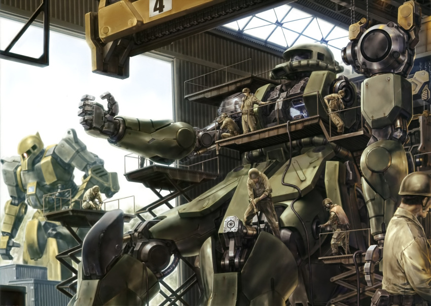 cable engineer gundam hangar helmet highres mecha mobile_suit_gundam no_humans realistic robot science_fiction tenjin_hidetaka war zaku zaku_i zaku_ii_f/j zeon