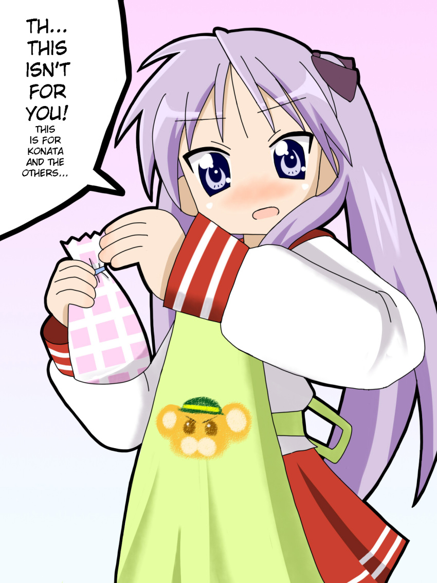 apron bag bonta-kun full_metal_panic gakusenya hard_translated highres hiiragi_kagami long_hair lucky_star purple_eyes purple_hair school_uniform translated valentine