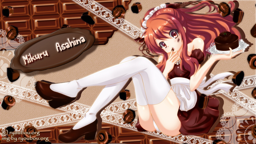 apron asahina_mikuru bare_shoulders brown_background brown_dress brown_eyes brown_footwear brown_hair cake candy character_name chocolate chocolate_bar chocolate_cake chocolate_on_face chocolate_on_hand commentary_request detached_sleeves dress female finger_to_mouth food food_on_face food_on_hand high_heels highres holding holding_plate leg_up long_hair looking_at_viewer maid maid_headdress official_alternate_costume panties plate sitting solo strapless strapless_dress suzumiya_haruhi_no_yuuutsu thighhighs truffle underwear waist_apron white_panties white_thighhighs y@mato