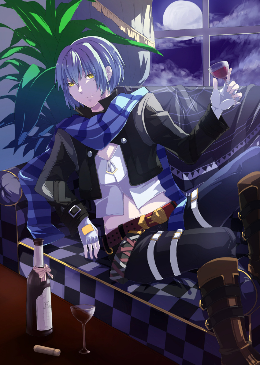 1boy absurdres alcohol bad_id bad_pixiv_id boots couch cup curtains drinking_glass eiyuu_densetsu full_moon gloves green_hair highres jacket male_focus moon mysterymiharu night pants scarf sitting smile solo wazy_hemisphere white_gloves window wine wine_glass yellow_eyes zero_no_kiseki