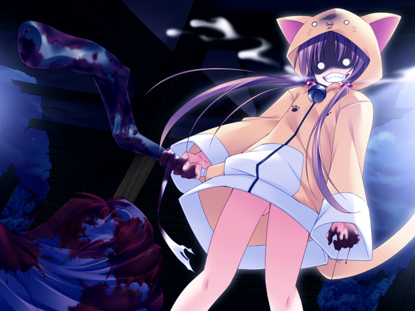 animal_hood baseball_bat blood cat_hood coat crazy_eyes game_cg grin harukazedori_ni_tomarigi_wo_2nd_story highres hinata_mutsuki hood hoodie lolicon naked_coat naked_hoodie no_panties pipe smile tail white_eyes yandere