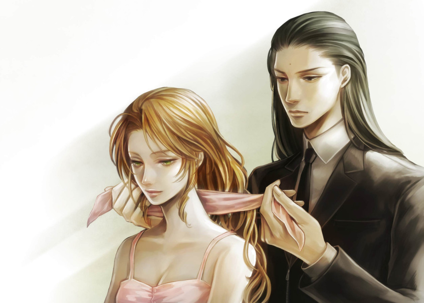 1boy aerith_gainsborough black_hair brown_hair collared_shirt commentary_request curly_hair female final_fantasy final_fantasy_vii green_eyes hair_ribbon hairdressing lips long_hair necktie photoshop_(medium) ribbon shirt tetra_takamine tseng