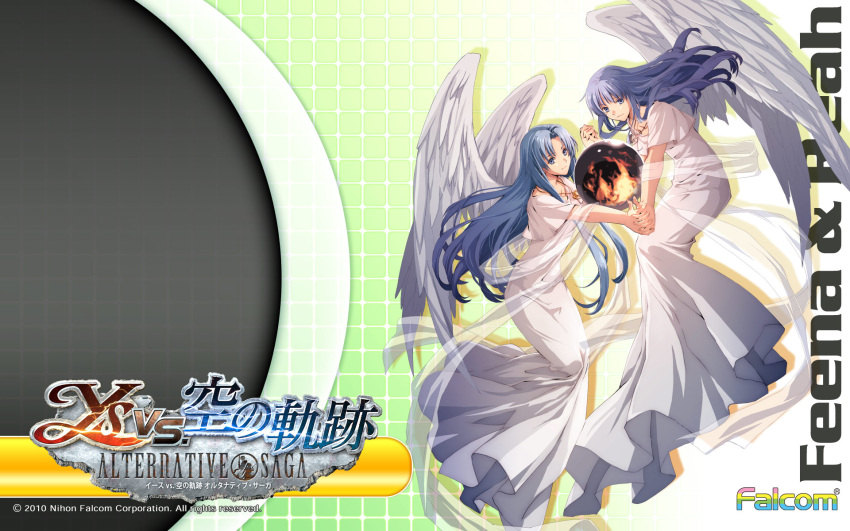 2010 2girls ancient_ys_vanished angel_wings blue_eyes blue_hair character_name company_name copyright_name dress feena_(ys) fire full_body highres holding_hands jewelry logo long_hair multiple_girls necklace official_art official_wallpaper orb reah_(ys) siblings sisters smile twins white_dress wings ys ys_vs_sora_no_kiseki_alternative_saga