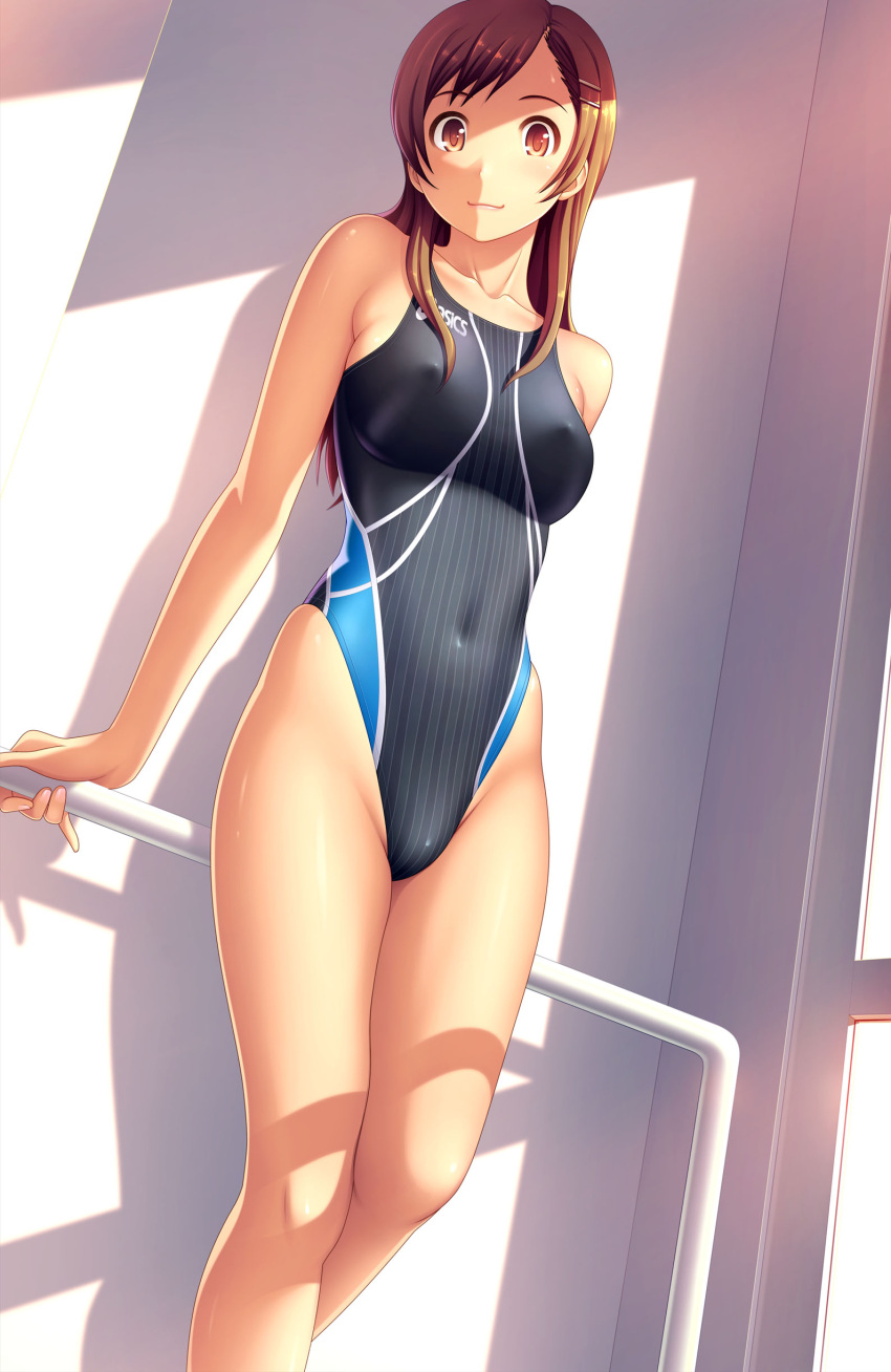 absurdres asics breasts brown_eyes brown_hair collarbone competition_swimsuit covered_nipples female groin hair_ornament hairclip highleg highleg_swimsuit highres kuri_(kurigohan) large_breasts legs long_hair long_legs one-piece_swimsuit original photoshop_(medium) solo swimsuit thighs