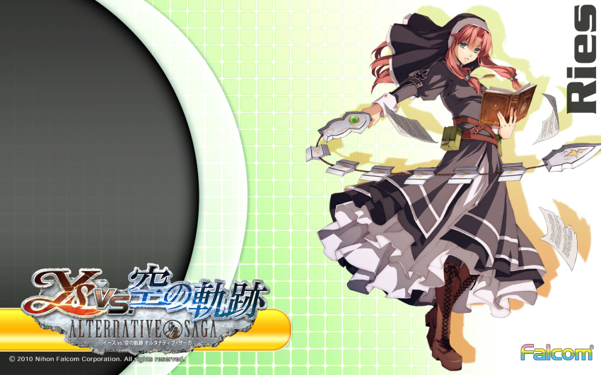 2010 belt black_dress book boots character_name company_name copyright_name dress eiyuu_densetsu female full_body green_eyes habit highres logo long_hair low-tied_sidelocks nun official_art official_wallpaper red_hair ries_argent sidelocks solo sora_no_kiseki veil weapon whip_sword ys_vs_sora_no_kiseki_alternative_saga