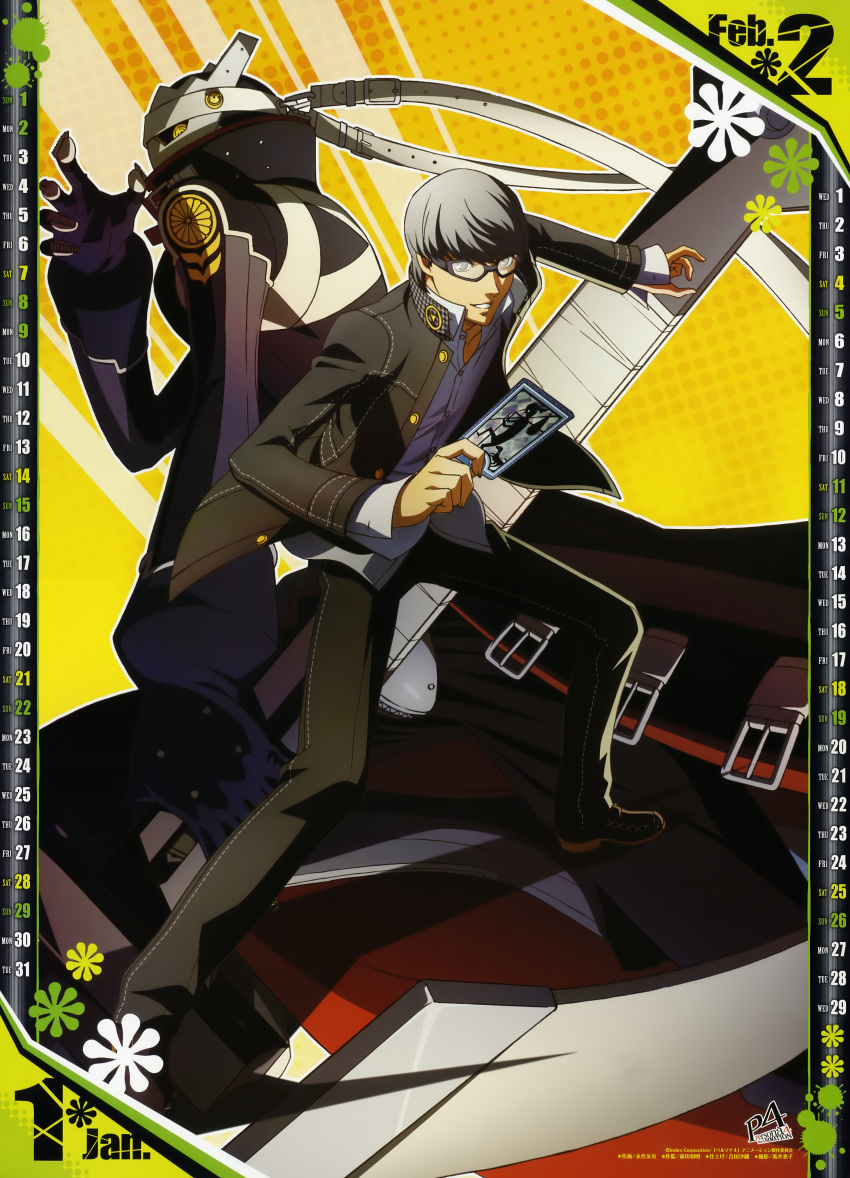 1boy absurdres artist_request calendar_(medium) card february glasses grey_hair highres izanagi_(persona_4) jacket january male_focus narukami_yuu official_art open_clothes open_jacket persona persona_4 persona_4_the_animation school_uniform weapon