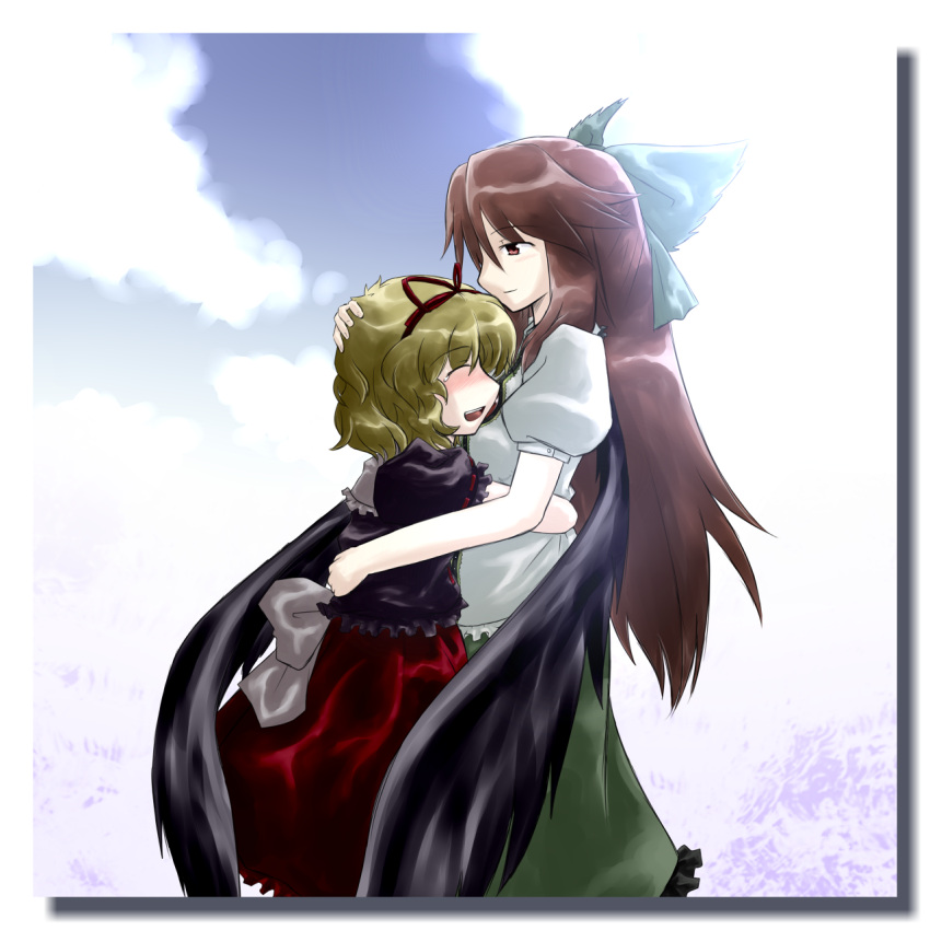 2girls black_wings blonde_hair blush bow brown_hair closed_eyes cloud commentary_request day green_bow green_skirt hair_ribbon hairbow highres hug long_hair medicine_melancholy multiple_girls open_mouth red_eyes reiuji_utsuho ribbon sakuragi_rian short_hair skirt smile tears touhou wing_hug wings yuri