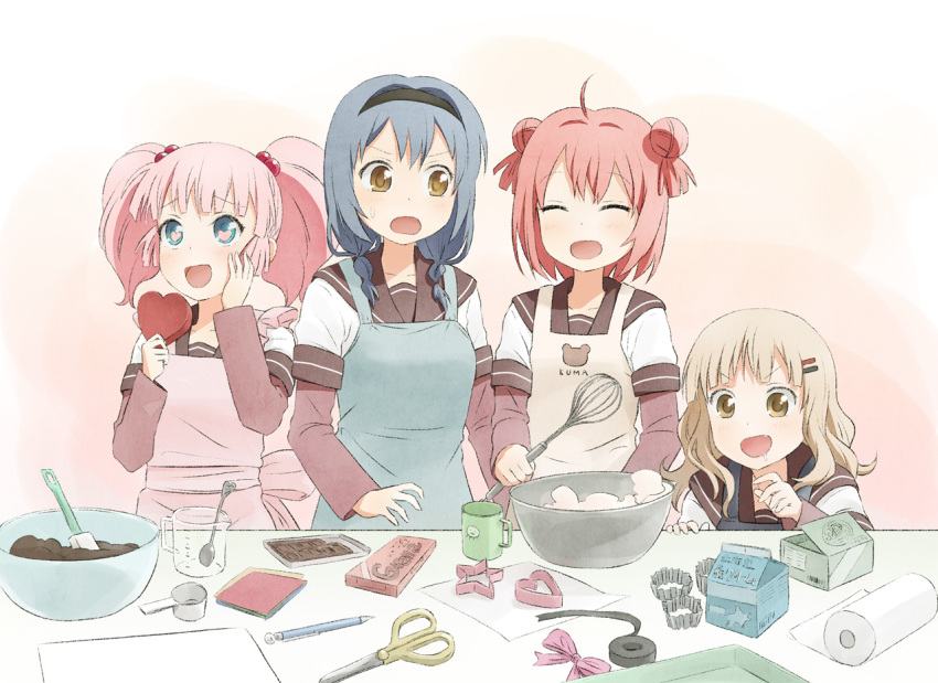 4girls :d :o ^_^ ahoge akaza_akari apron baking blonde_hair blue_eyes blue_hair bowl braid brown_eyes chocolate closed_eyes cookie_cutter cooking double_bun furutani_himawari hair_bobbles hair_bun hair_ornament hairband hairclip multiple_girls nanamori_school_uniform official_style oomuro_sakurako open_mouth photoshop_(medium) pink_hair red_hair school_uniform scissors serafuku single_hair_bun smile twin_braids twintails unyon v-shaped_eyebrows valentine whisk yoshikawa_chinatsu yuru_yuri