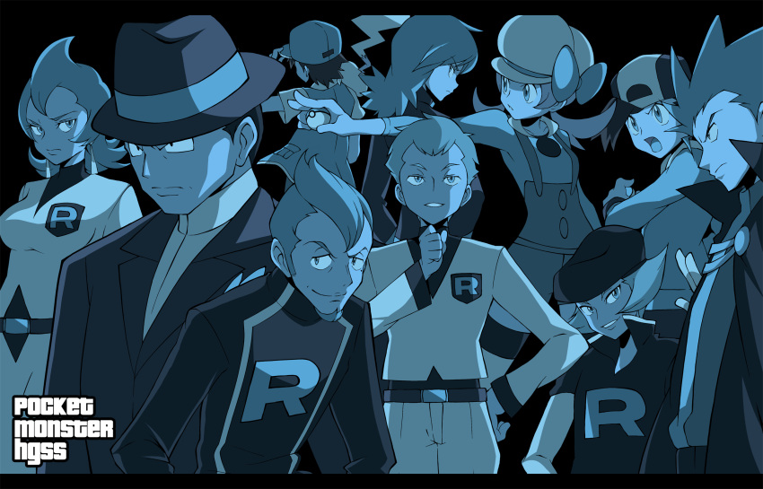 2girls 6+boys alternate_costume archer_(pokemon) ariana_(pokemon) bad_id bad_pixiv_id ball baseball_cap blue_theme cabbie_hat clothes_writing copyright_name earrings ethan_(pokemon) facial_hair formal giovanni_(pokemon) goatee grand_theft_auto grand_theft_auto_iii hat highres holding holding_ball holding_poke_ball jewelry lance_(pokemon) lyra_(pokemon) monochrome multiple_boys multiple_girls parody petrel_(pokemon) pikachu poke_ball poke_ball_(basic) pokemon pokemon_(creature) pokemon_hgss pokemon_rgby proton_(pokemon) red_(pokemon) shigino_sohuzi silver_(pokemon) suit suspenders team_rocket team_rocket_uniform