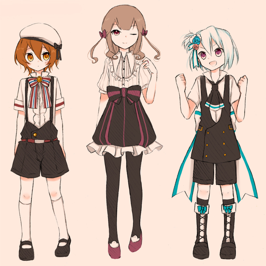 3boys akaimo_satsuma akane_(goma) blush boots bow brown_hair crossdressing crown dress earrings flower formal goma_(11zihisin) hair_flower hair_ornament hairbow hat highres jewelry kosame_(goma) long_hair male male_focus mary_janes multiple_boys open_mouth original ponytail red_eyes ribbon satsuma_(goma) shoes short_hair shorts side_ponytail simple_background smile solo suspenders trap twintails vest white_hair wink yellow_eyes