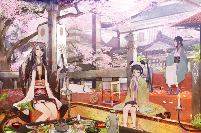 3girls alcohol architecture ball banner bare_legs bird bird_on_hand black_eyes black_hair blush bonsai bracelet candle canine cherry_blossoms choko_(cup) commentary_request cup dango double_bun east_asian_architecture eyepatch feline fish food geta grill gun hair_bun haori highres japanese_clothes jewelry katana kimono long_hair mole multiple_girls mushroom obi original outdoors purple_hair purple_legwear red_eyes sake sanshoku_dango sash shichirin shigureteki sitting skewer socks spring_(season) sword tabi temari_ball thigh_strap tokkuri wagashi weapon