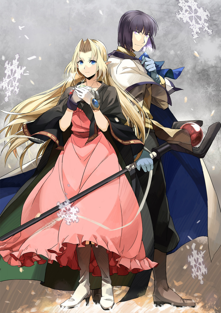 1boy blonde_hair blue_eyes cape chinese_commentary commentary_request dress elf female filia_ul_copt gloves highres jewelry long_hair lyxu photoshop_(medium) pink_dress pointy_ears purple_eyes purple_hair slayers slayers_try smile staff weapon xelloss