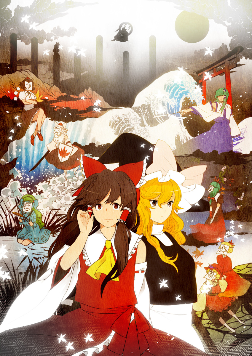 6+girls aki_minoriko aki_shizuha backpack bad_id bad_pixiv_id bag black_hair blonde_hair blue_hair brown_hair food fruit grapes green_hair hair_bobbles hair_ornament hair_ribbon hakurei_reimu hand_fan hat highres hiko_(lg612) inubashiri_momiji kagiyama_hina kawashiro_nitori key kirisame_marisa kochiya_sanae leaf leaf_on_head mask moon moriya_suwako mountain_of_faith multiple_girls ribbon shameimaru_aya shield sword tokin_hat torii touhou waving weapon white_hair yasaka_kanako