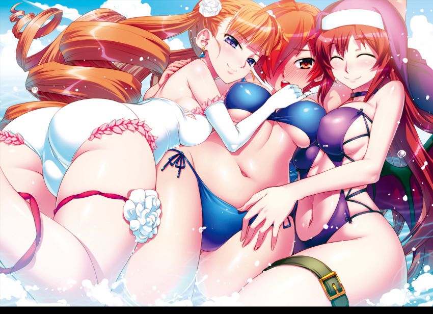 3girls arcana_heart arcana_heart_2 arcana_heart_3 ass bikini blush breasts casual_one-piece_swimsuit clarice_di_lanza closed_eyes drill_hair earrings elbow_gloves elsa_la_conti girl_sandwich gloves habit hair_over_one_eye jewelry koume_keito long_hair medium_breasts multiple_girls navel nun one-piece_swimsuit petra_johanna_lagerkvist sandwiched short_hair side-tie_bikini_bottom sideboob smile swimsuit thigh_strap underboob very_long_hair white_one-piece_swimsuit yuri