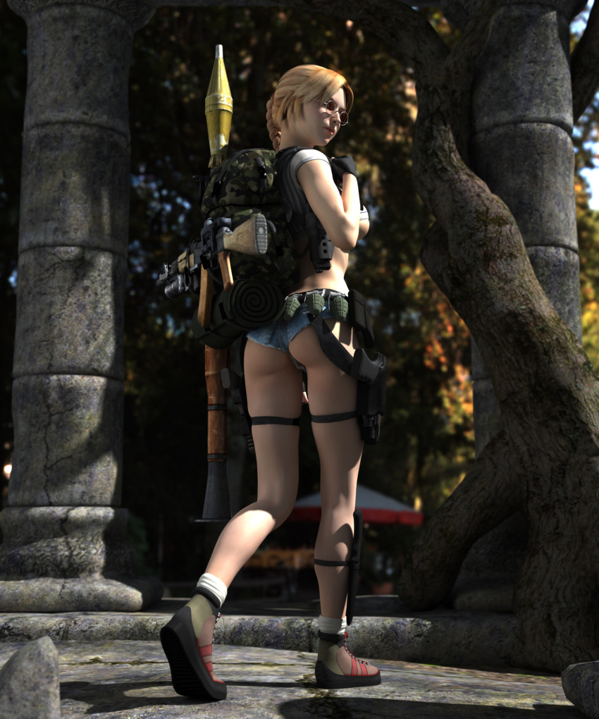 3d ak-74 ass assault_rifle backpack bag blonde_hair braid breasts crop_top cutoffs denim denim_shorts explosive female fingerless_gloves footwear from_behind glasses gloves grenade gun handgun headset highres hiro3787 holster long_hair midriff original outdoors pistol poser randoseru realistic rifle rocket_launcher rpg short_shorts shorts single_braid socks solo thigh_strap tree underboob walking weapon white_legwear white_socks