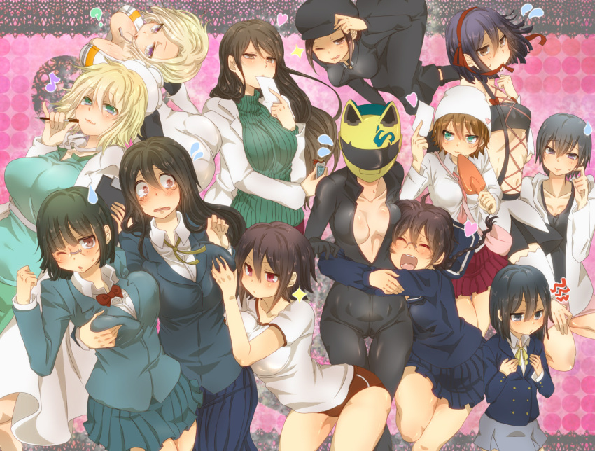 6+girls animal_helmet awakusu_akane bandages black_hair blonde_hair blue_eyes bodysuit braid breast_envy breasts brown_eyes brown_hair buruma celty_sturluson closed_eyes commentary_request durarara!! emilia_(durarara!!) everyone glasses gym_uniform hair_ribbon harima_mika helmet highres hijiribe_ruri karisawa_erika long_hair medium_breasts mikajima_saki motorcycle_helmet multiple_girls niekawa_haruna orihara_kururi orihara_mairu pleated_skirt red_eyes ribbon school_uniform sharaku_mikage short_hair siroringo skirt sonohara_anri vorona yagiri_namie