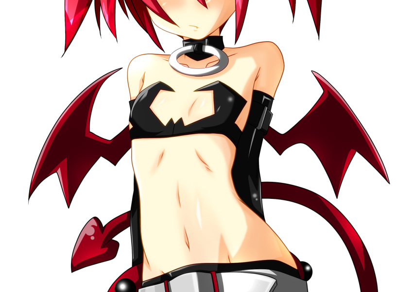 collar commentary_request demon_girl demon_tail demon_wings disgaea etna_(disgaea) female flat_chest fumihiro head_out_of_frame midriff navel oerba_yun_fang red_hair simple_background solo tail wings