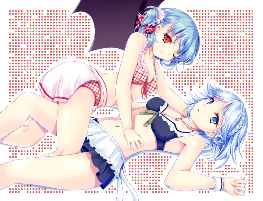 2girls alternate_hairstyle aqua_eyes bat_wings bikini blue_eyes blue_hair braid cetera commentary_request frills hair_ribbon hand_in_own_hair izayoi_sakuya jewelry looking_at_viewer lying multiple_girls navel necklace on_back one_eye_closed orange_eyes red_eyes remilia_scarlet ribbon short_hair swimsuit thigh_straddling touhou white_hair wings