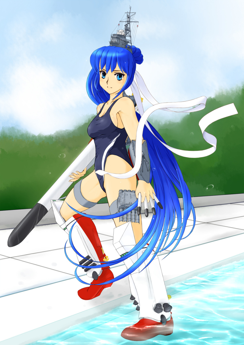 blue_hair commentary_request cover destroyer female hair_ribbon highres imperial_japanese_navy kirio_(ccr00235) long_hair looking_back mecha_musume military military_vehicle original personification ponytail ribbon shimakaze_(destroyer) ship solo swimsuit torpedo wading warship water watercraft