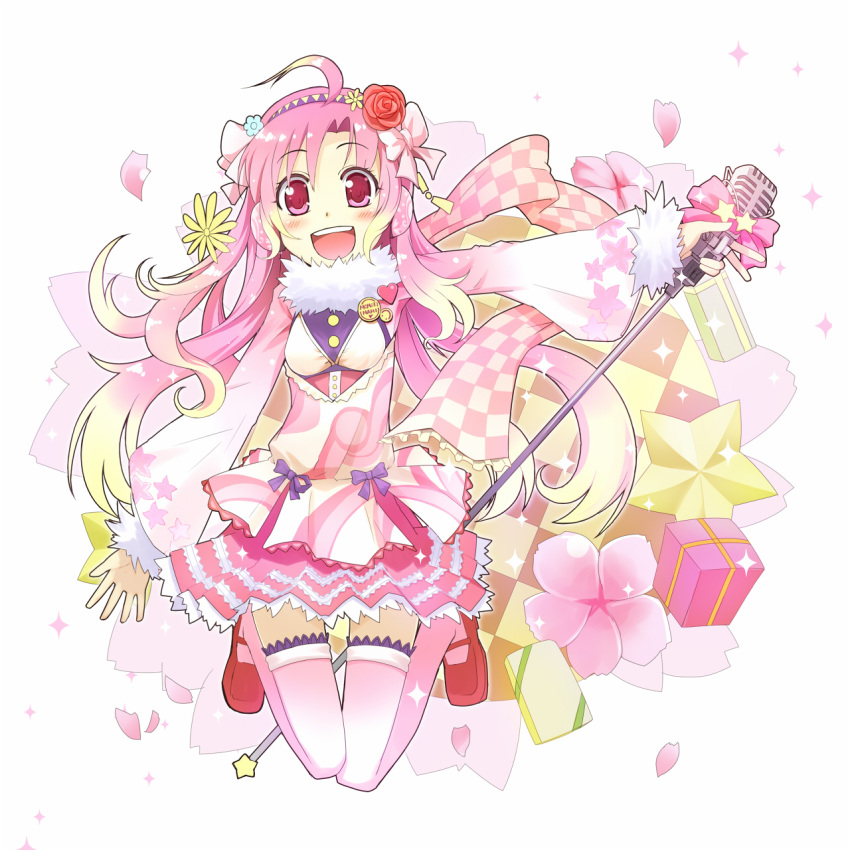 :d ahoge amagai_tarou blonde_hair blush bow checkered cherry_blossoms commentary_request female flower frills gift gradient_hair hair_flower hair_ornament hairband highres long_hair mary_janes microphone miniskirt multicolored_hair open_mouth original petals pink_eyes pink_hair pink_thighhighs red_flower red_rose rose shoes skirt smile solo star_(symbol) thighhighs very_long_hair vintage_microphone zettai_ryouiki