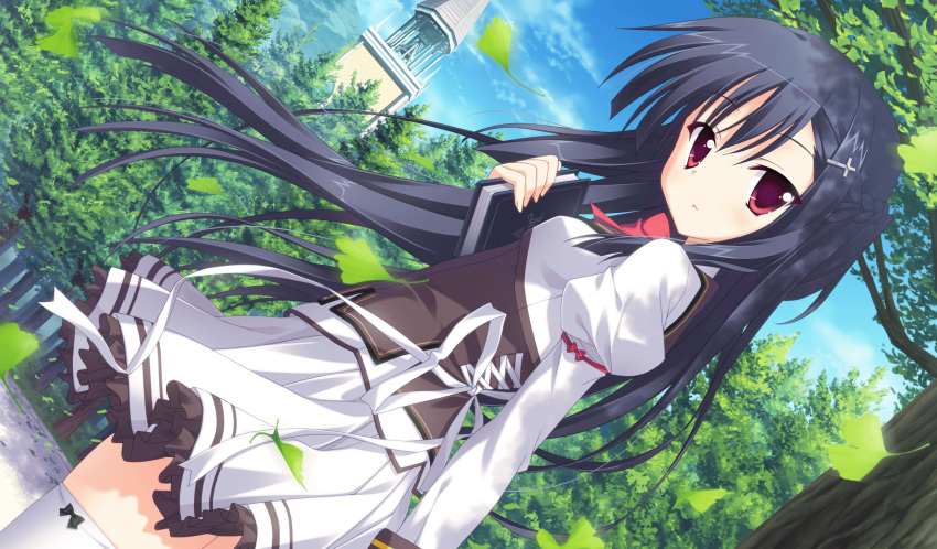 black_hair book game_cg kitamikado_ritsuko leaves long_hair princess_evangile red_eyes saeki_nao seifuku thighhighs