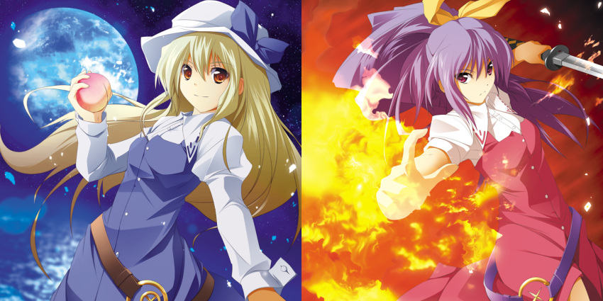 2girls blonde_hair bow buttons commentary_request dress dress_shirt earth_(planet) fire food fruit full_moon hairbow hat hat_bow highres katana long_hair moon multiple_girls orange_eyes painttool_sai_(medium) peach planet ponytail purple_hair pyrokinesis red_eyes shirt space star_(sky) sword touhou watatsuki_no_toyohime watatsuki_no_yorihime water weapon yellow_eyes zb_(dawn-blue)