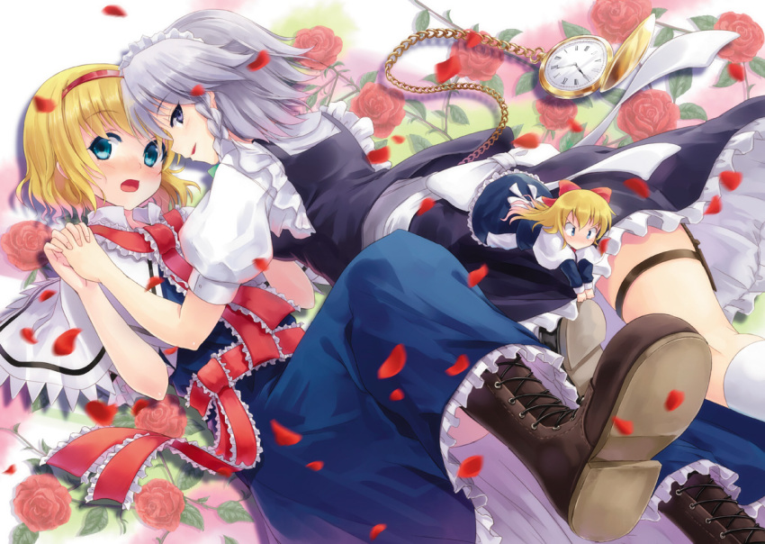 2girls alice_margatroid blonde_hair blue_eyes blush boots braid capelet commentary_request cross-laced_footwear doll dress falling_petals flower frills grey_hair hairband holding_hands holster hyuuga_azuri interlocked_fingers izayoi_sakuya lace-up_boots maid maid_headdress multiple_girls open_mouth petals pocket_watch red_flower red_rose rose sash shanghai_doll short_hair thigh_holster touhou twin_braids watch weapon yuri