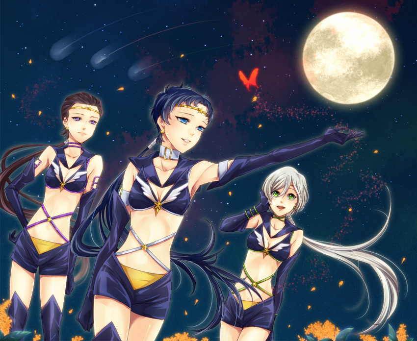 3girls adjusting_hair bishoujo_senshi_sailor_moon bishoujo_senshi_sailor_moon_stars black_gloves boots breasts bug butterfly cleavage commentary_request elbow_gloves flower full_moon gloves gold_osmanthus kasumi65 long_hair magical_girl medium_breasts midriff moon multiple_girls night night_sky orange_flower osmanthus outstretched_arm petals ponytail red_butterfly sailor_senshi sailor_star_fighter sailor_star_healer sailor_star_maker seiya_kou shooting_star sky star_(sky) starry_sky taiki_kou thigh_boots thighhighs tiara yaten_kou