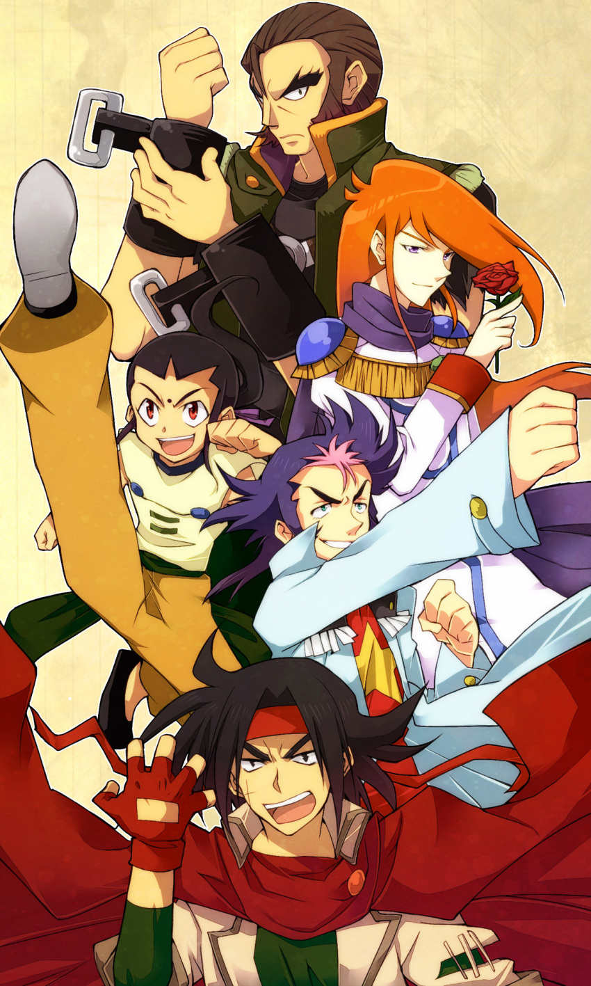 5boys argo_gulskii black_hair brown_hair chibodee_crocket commentary_request domon_kasshu facial_mark fingerless_gloves flower forehead_mark g_gundam george_de_sand gloves gundam hachimaki headband highres long_hair male_focus multiple_boys purple_eyes purple_hair red_eyes red_flower red_rose rose sai_saici scar teeth ufuto