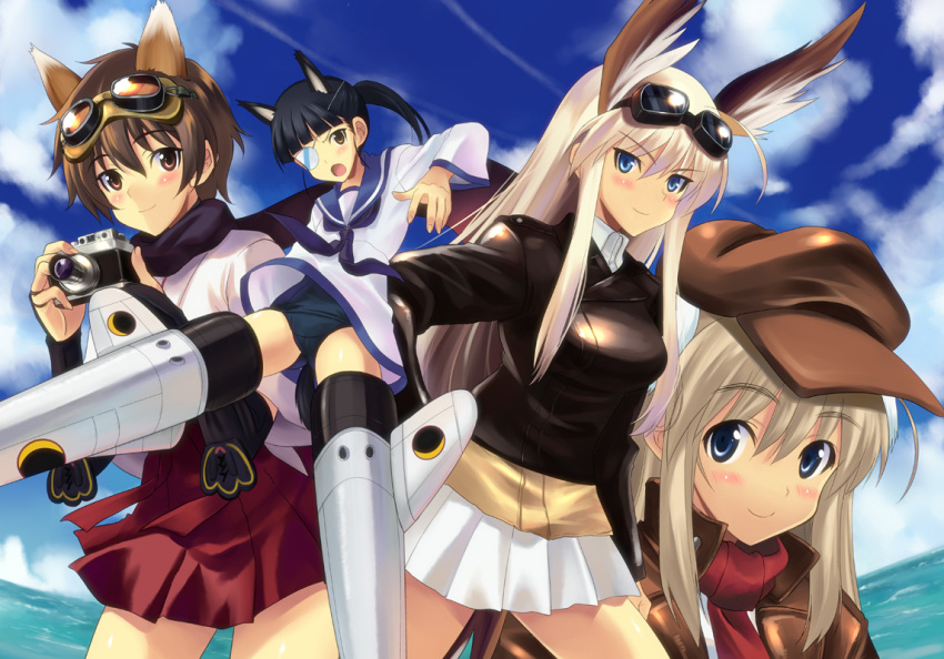 4girls aged_down animal_ears bad_id bad_pixiv_id bird_girl black_hair blonde_hair blue_eyes blush brown_eyes brown_hair camera cat_ears cat_girl cloud day eyepatch flying fox_ears fox_girl goggles goggles_on_head hanna-justina_marseille hat head_wings jacket japanese_clothes katou_keiko kyogoku_shin leather leather_jacket long_hair military military_uniform multiple_girls ocean open_mouth outdoors pleated_skirt ponytail sakamoto_mio scarf school_swimsuit short_hair skirt sky smile strike_witches strike_witches:_katayoku_no_majo-tachi striker_unit swimsuit swimsuit_under_clothes uniform water wilma_bishop wings witches_of_africa world_witches_series