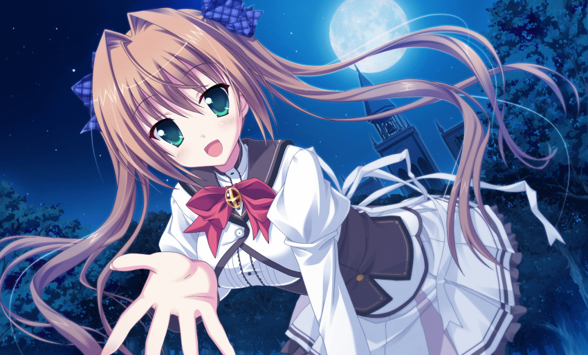 brown_hair game_cg green_eyes moon night princess_evangile saeki_nao sagisawa_chiho seifuku stars twintails