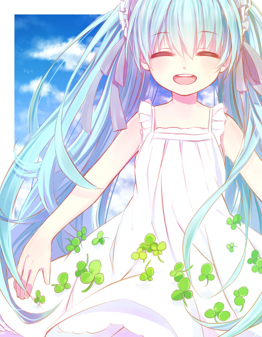 aqua_hair bad_id bad_pixiv_id closed_eyes cloud clover day dress female hair_ribbon hatsune_miku highres hoshiyui_tsukino long_hair open_mouth ribbon sky solo twintails very_long_hair vocaloid