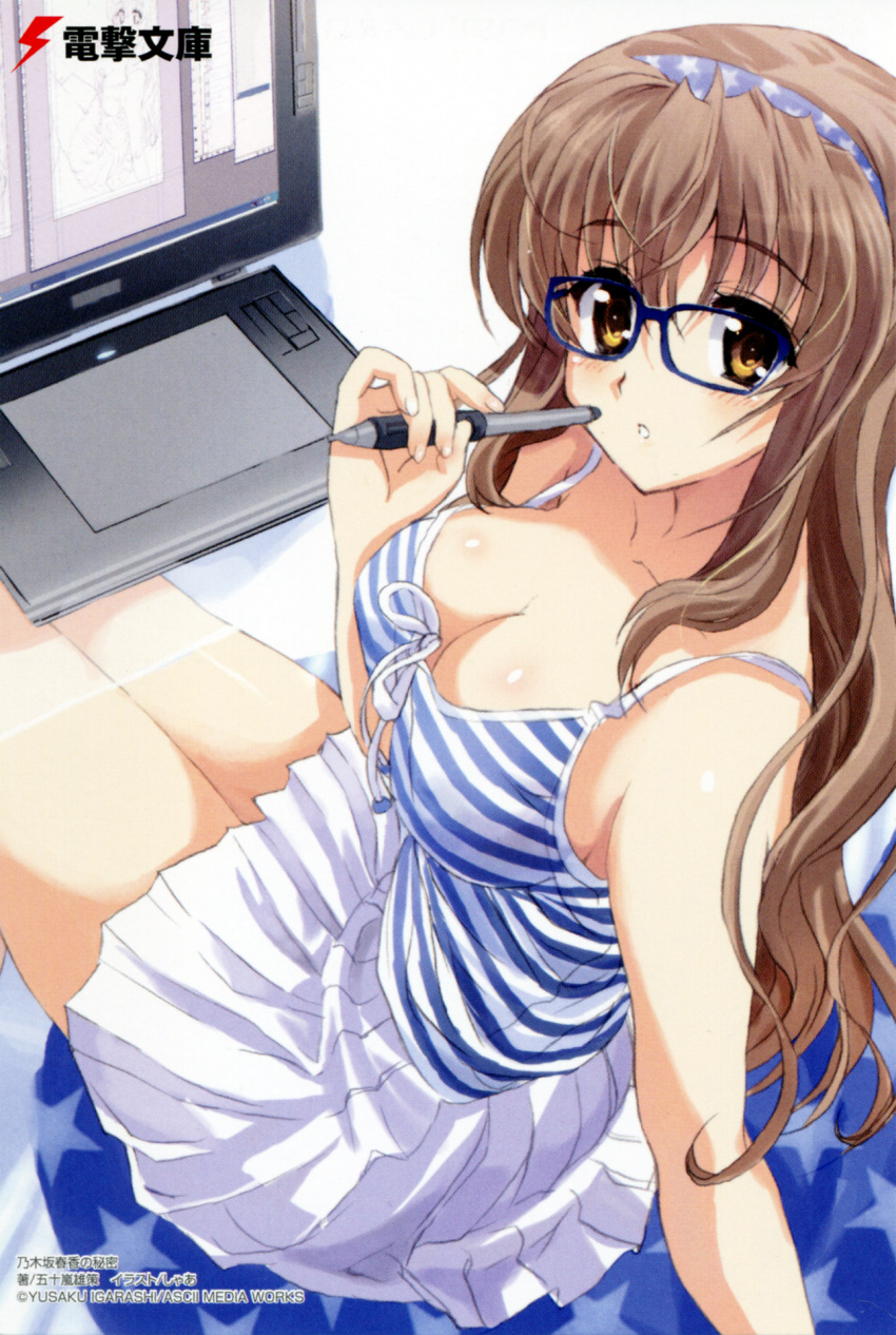 adobe_photoshop bad_link blush breasts brown_eyes brown_hair camisole cleavage computer drawing_tablet female glasses hairband headband highres large_breasts long_hair nogizaka_haruka nogizaka_haruka_no_himitsu open_mouth shaa sitting skirt solo stylus